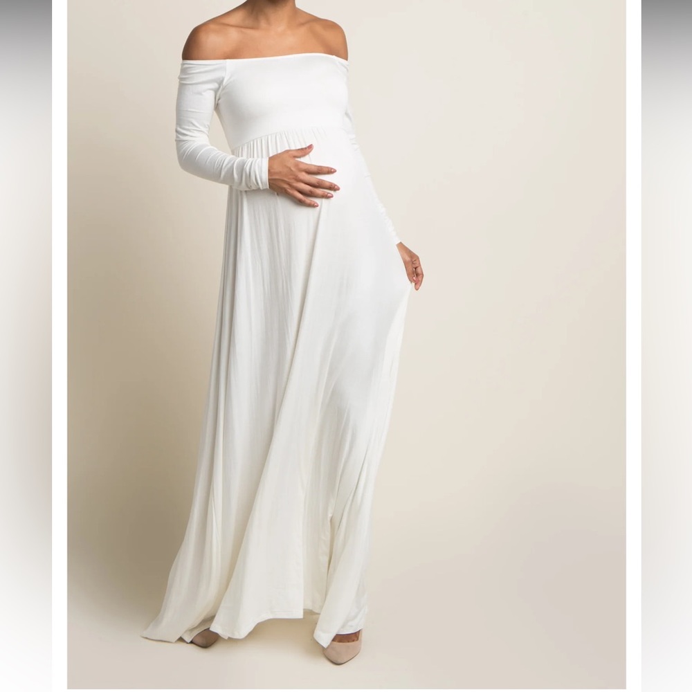 PinkBlush Ivory Solid Off Shoulder Maternity Maxi